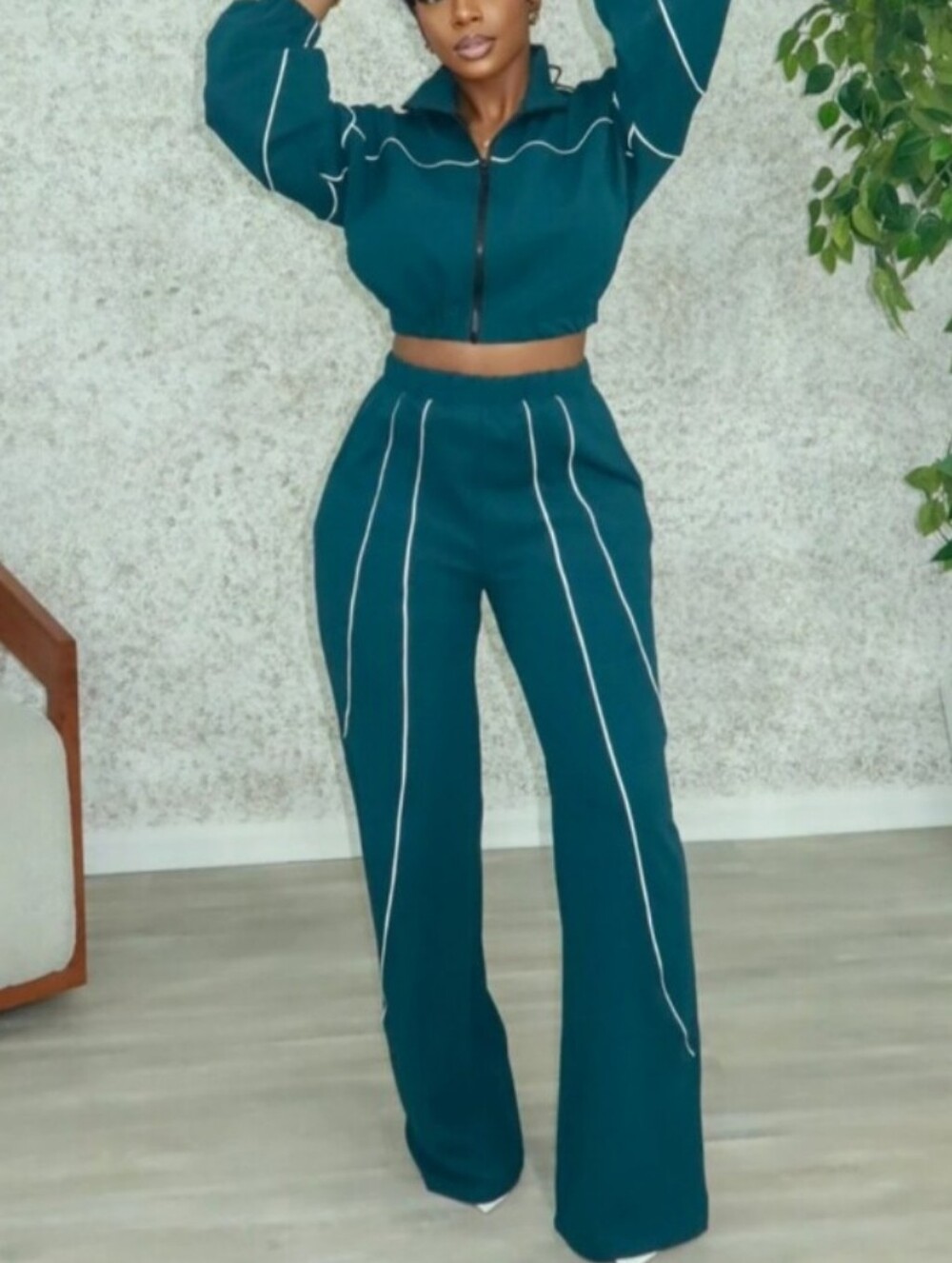 Womens Teal Wide-Leg Pant Set with Contrast Piping Size XXL